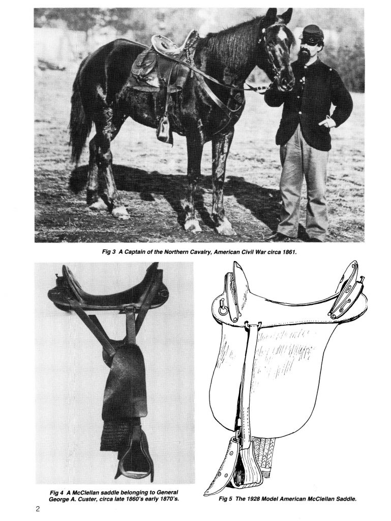 Page two of a brief historical document concerning the origins of the McClennan cavalry saddle and contains a photo of an American Civil War ear captain with a saddled horse, a side view photo of an early model McClellan saddle belonging to General George A. Custer and a diagram drawing of a 1928 model of the American McClellan Saddle.