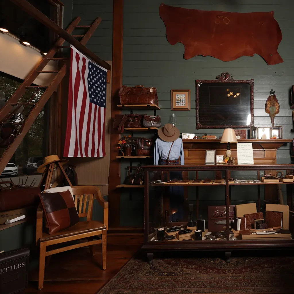 american flag hanging in colonel littleton store with various products shown