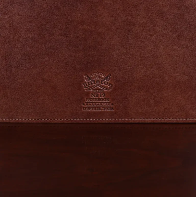 no19 brown leather binder notebook with two position snap closure stamp