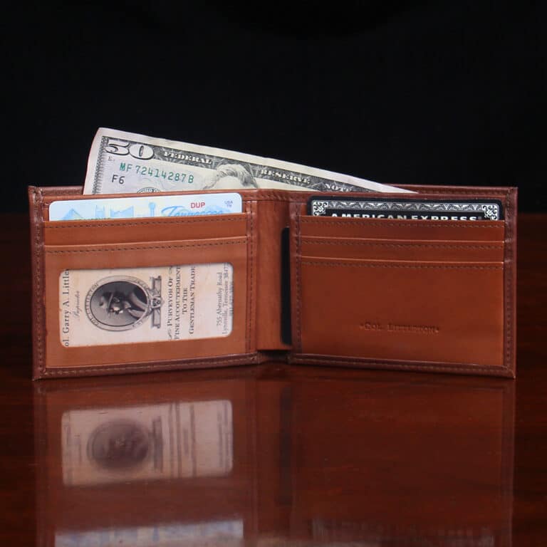No. 4 Billfold Wallet in Vintage Brown American Steerhide - open view, with cash and cards in pockets