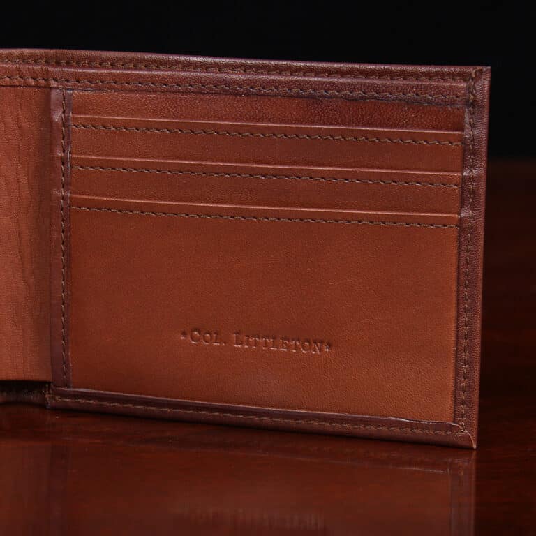 No. 4 Billfold Wallet in Vintage Brown American Steerhide - detail view showing Col. Littleton stamp on inside front right pocket