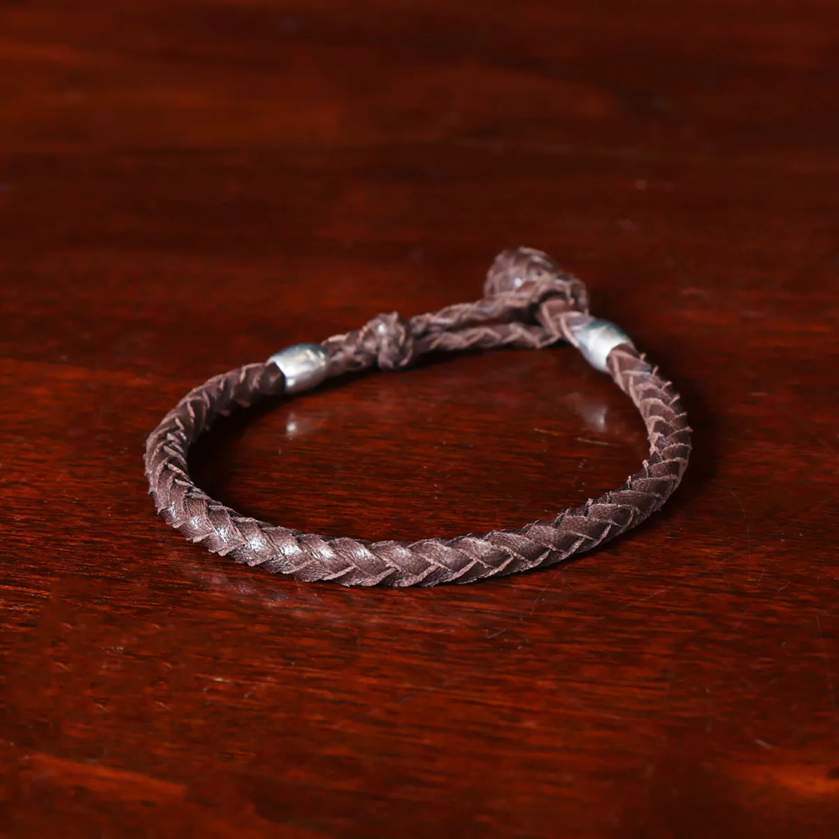 Braided Brown Leather Bracelet with Pewter Beads - Large (9 in. Long)