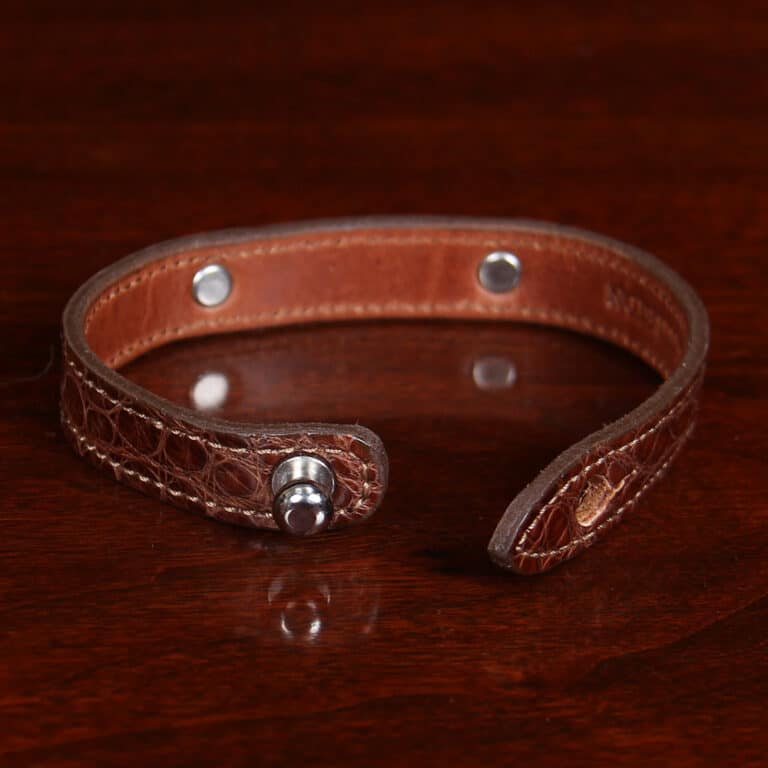 Leather Camp Bracelet in brown American Alligator with ball stud closure - open