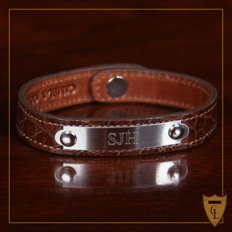 Leather Camp Bracelet in brown American Alligator with personalized silver nickel plate on front