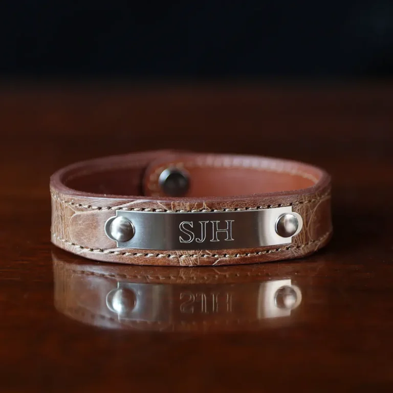 Leather Camp Bracelet in brown American Alligator with personalized silver nickel plate on front