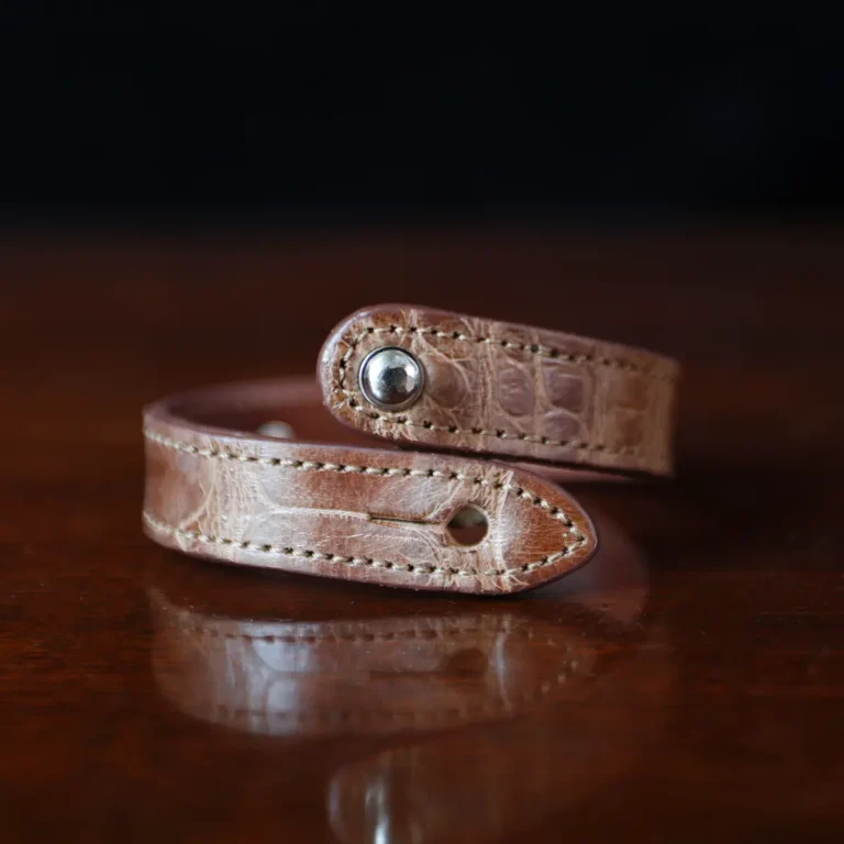 Leather Camp Bracelet in brown American Alligator with personalized silver nickel plate on front - open view of back