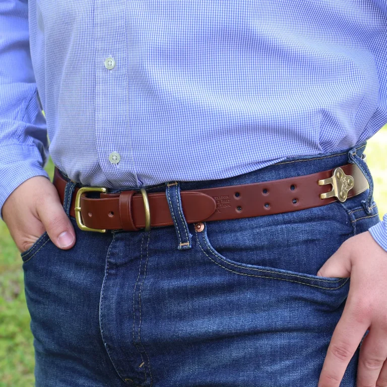 man wearing no1 brown leather belt with brass hardware