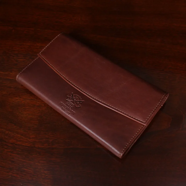 no. 15 leather checkbook wallet front view on wooden table
