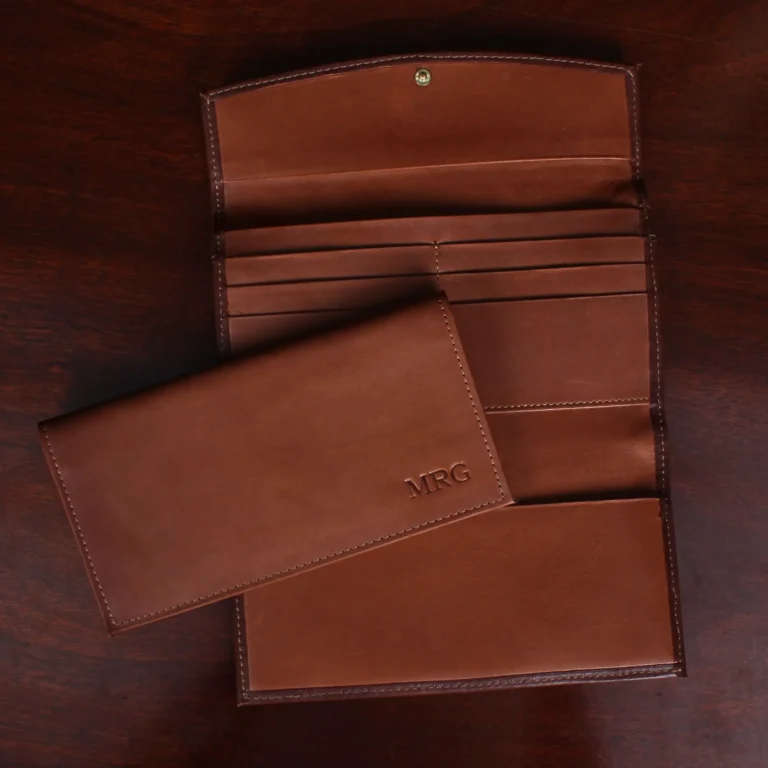no. 15 leather checkbook wallet open view on wooden table