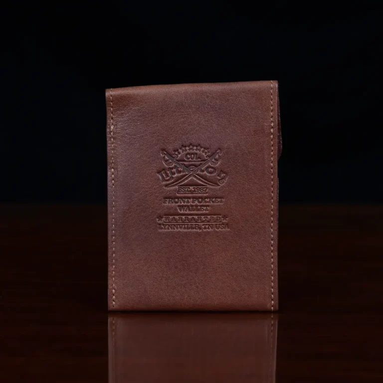 brown leather front pocket wallet with flap-back