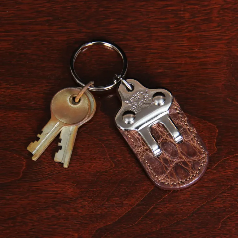 No. 3 Key Ring with 2-pronged metal hook and brown American Alligator Leather - front view with 2 keys on metal ring