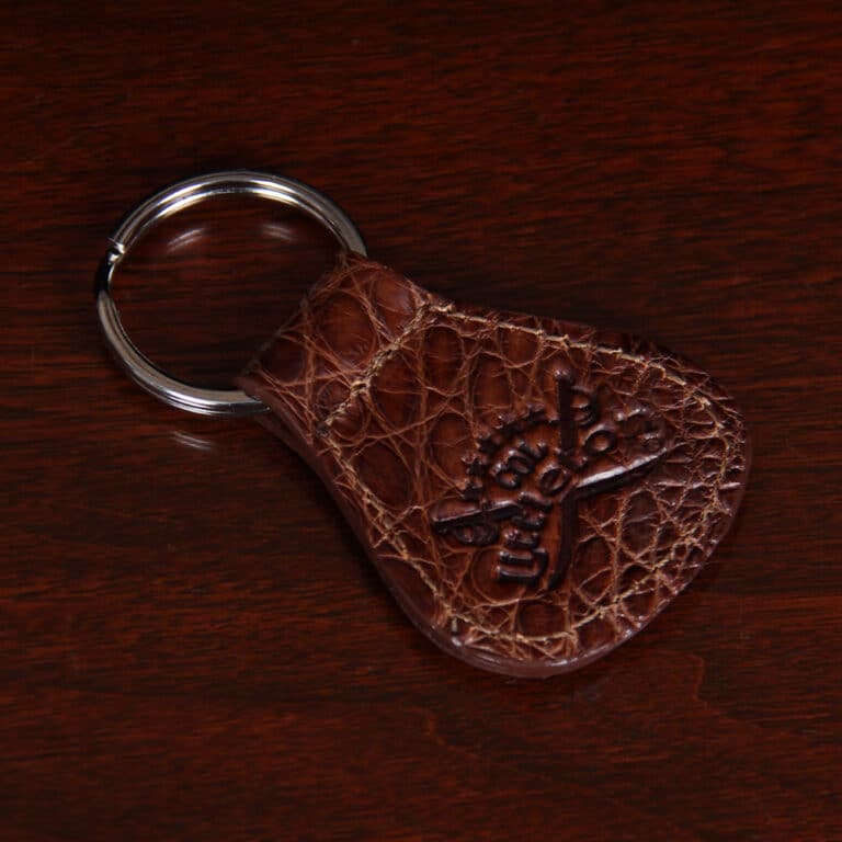 No. 5 Keyring in brown American Alligator - Back view showing cross swords logo