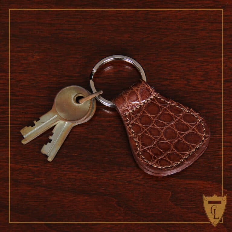 No. 5 Keyring in brown American Alligator - front view with keys on metal ring