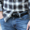 man wearing no1 black leather belt with nickel hardware