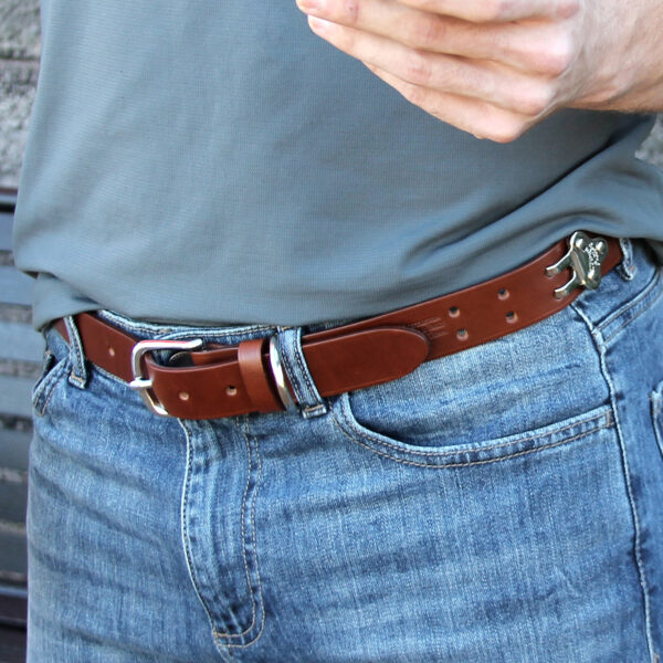 man wearing no1 brown leather belt with nickel hardware