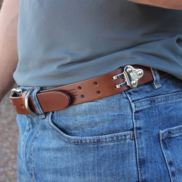 man wearing no1 brown leather belt with nickel hardware