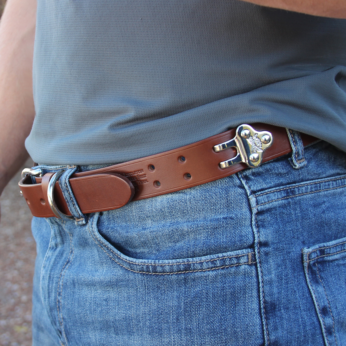 Blue leather belt with adjustable buckle