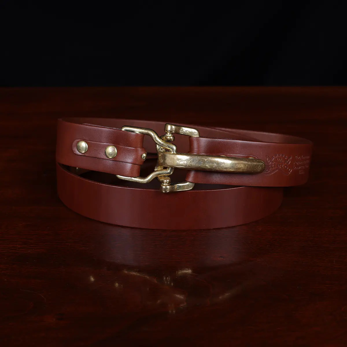 No. 5 Cinch Belt in Vintage Brown Leather with Brass accents - showing the front view