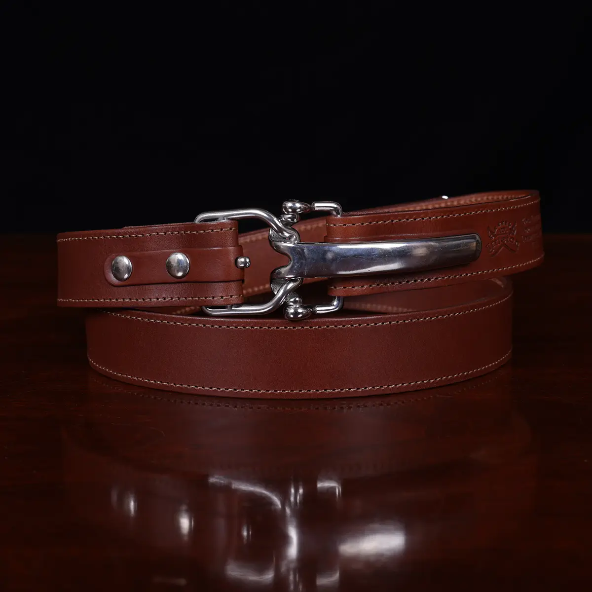 No. 5 Cinch Belt in Vintage Brown Leather with Stainless accents - showing the front view