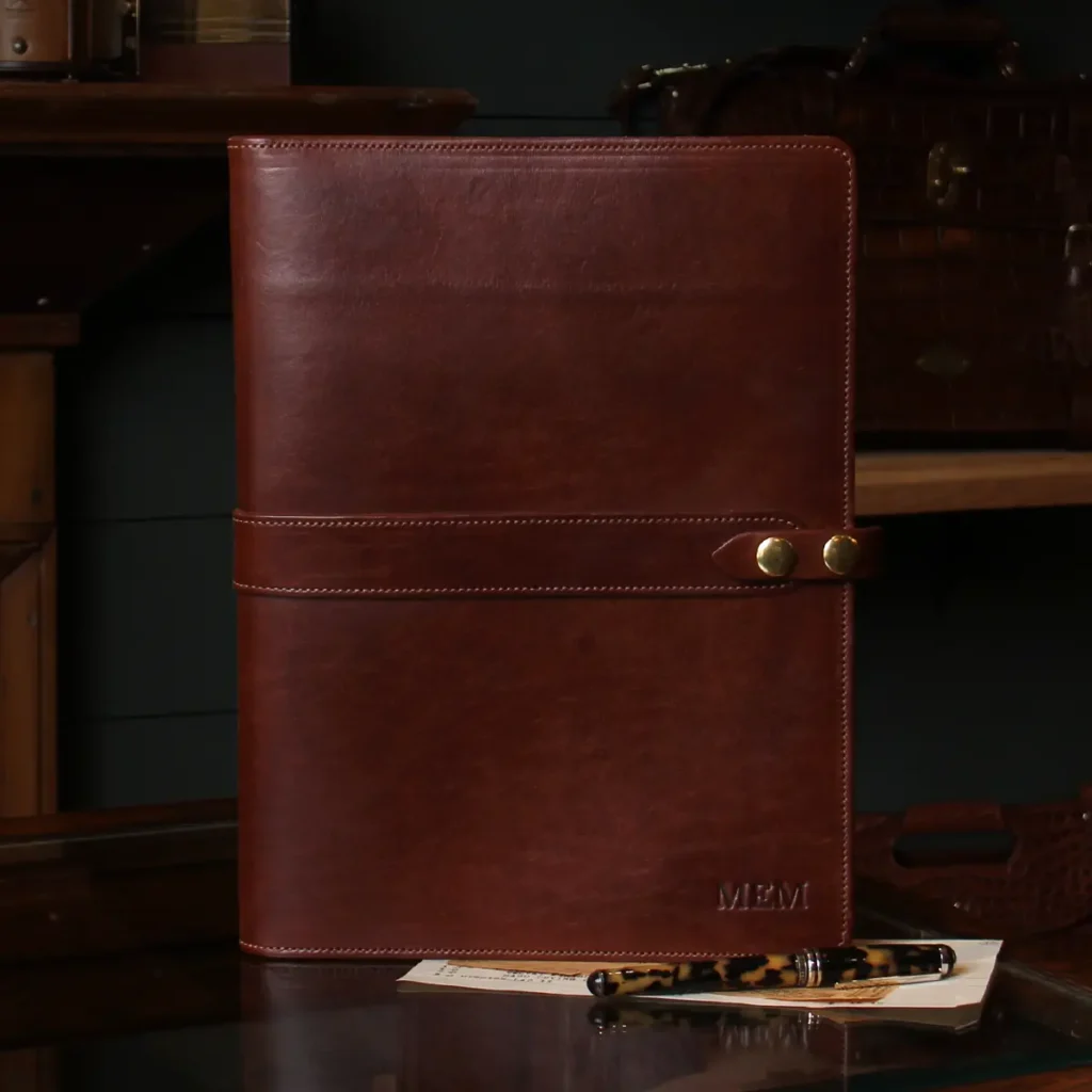 vintage brown no. 18 portfolio sitting on the retail counter