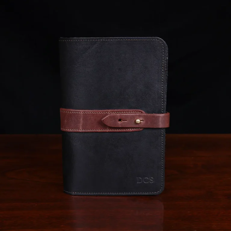 no 20 travel size leather portfolio - black and brown steerhide - front view