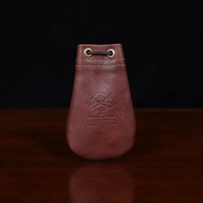 back side of the small possibles bag in vintage brown steerhide