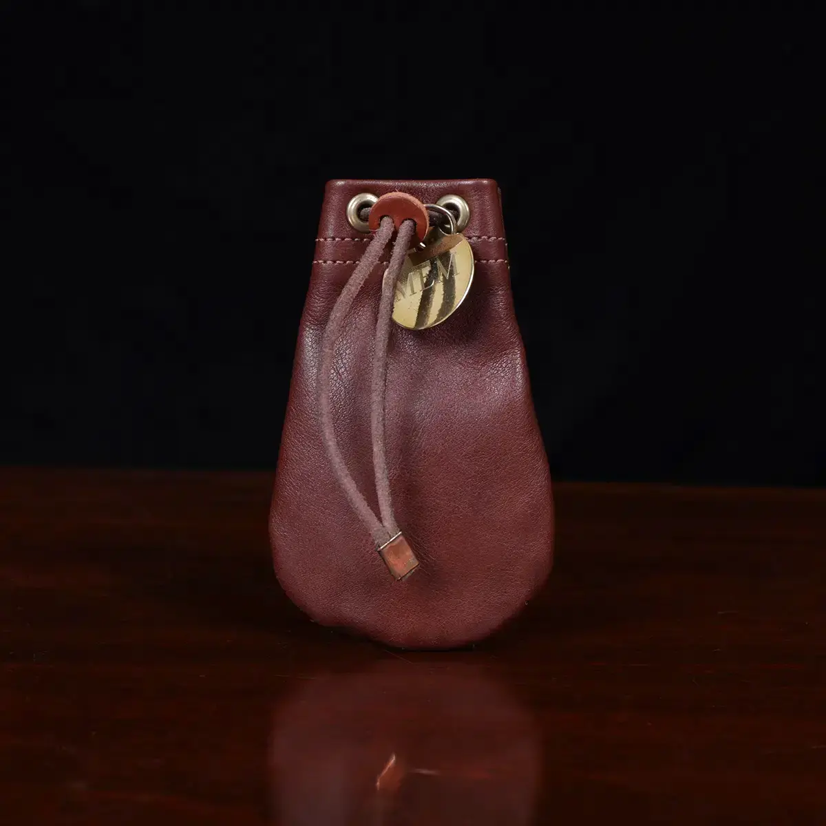 front side of the small possibles bag in vintage brown steerhide