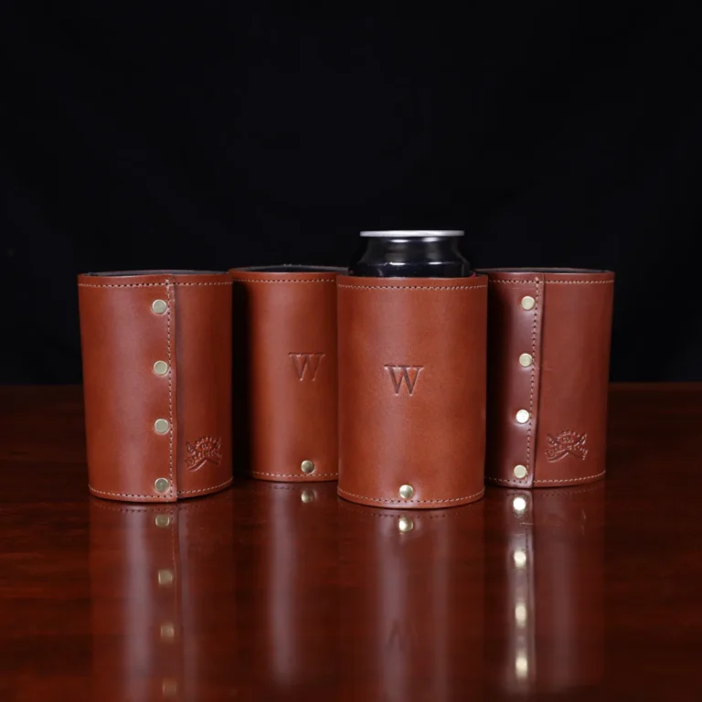 brown leather can caddies with personalized initial stamp - front and back view