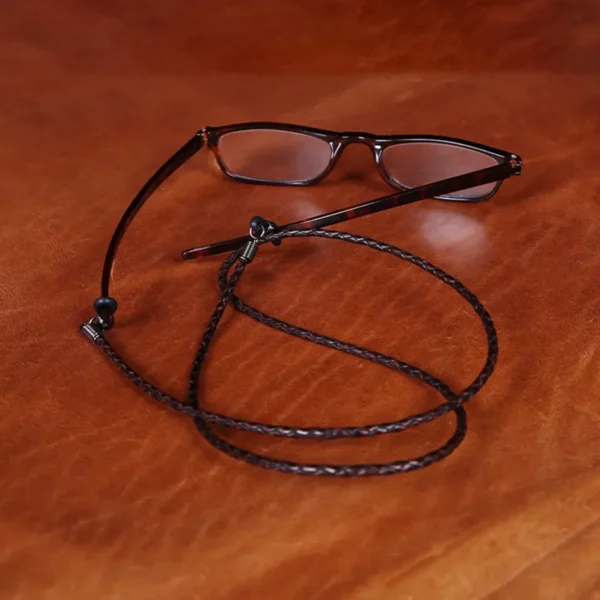 leather eyeglass lanyard in dark brown braided style