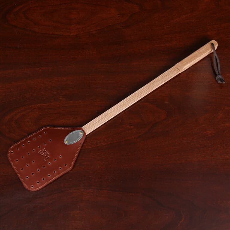 No. 1 Flyswatter in brown American Alligator with a wooden handle - full back view