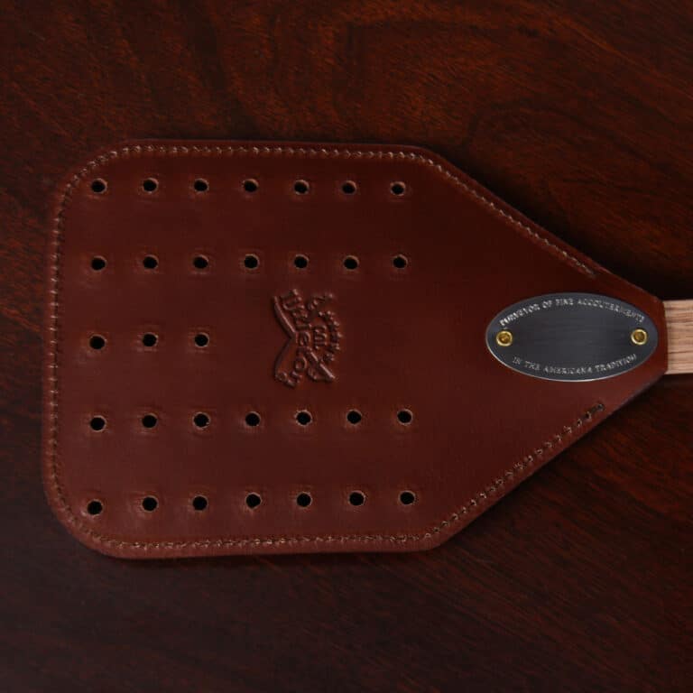 No. 1 Flyswatter in brown American Alligator with a wooden handle - detail view of back of paddle