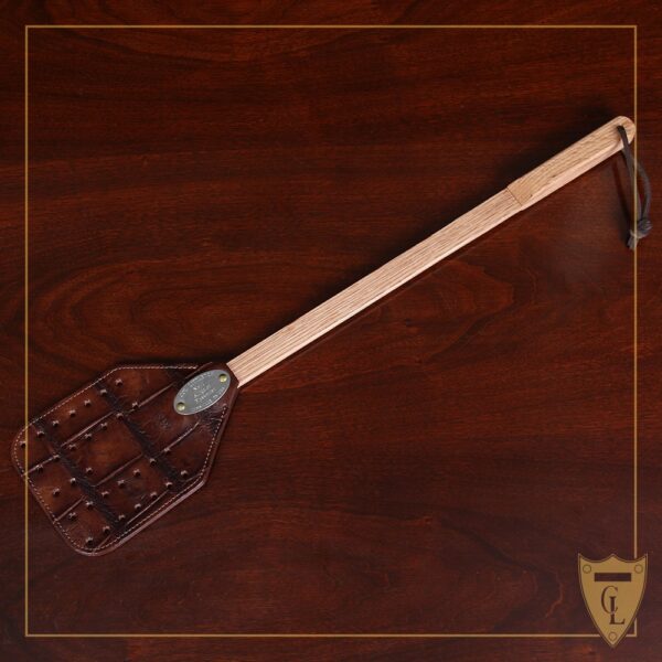 No. 1 Flyswatter in brown American Alligator with a wooden handle - full front view