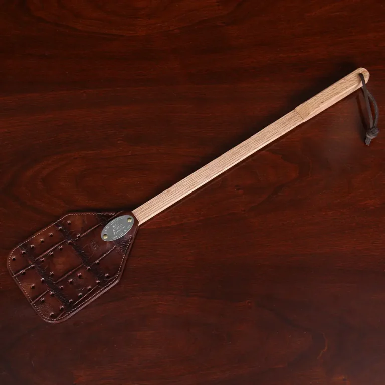 No. 1 Flyswatter in brown American Alligator with a wooden handle - full front view