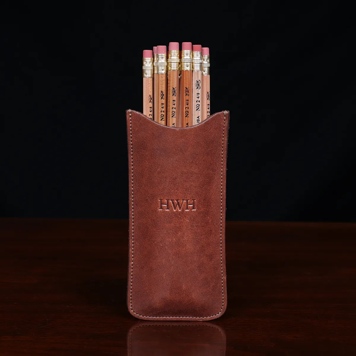 leather pencil case with 12 pencils - front view