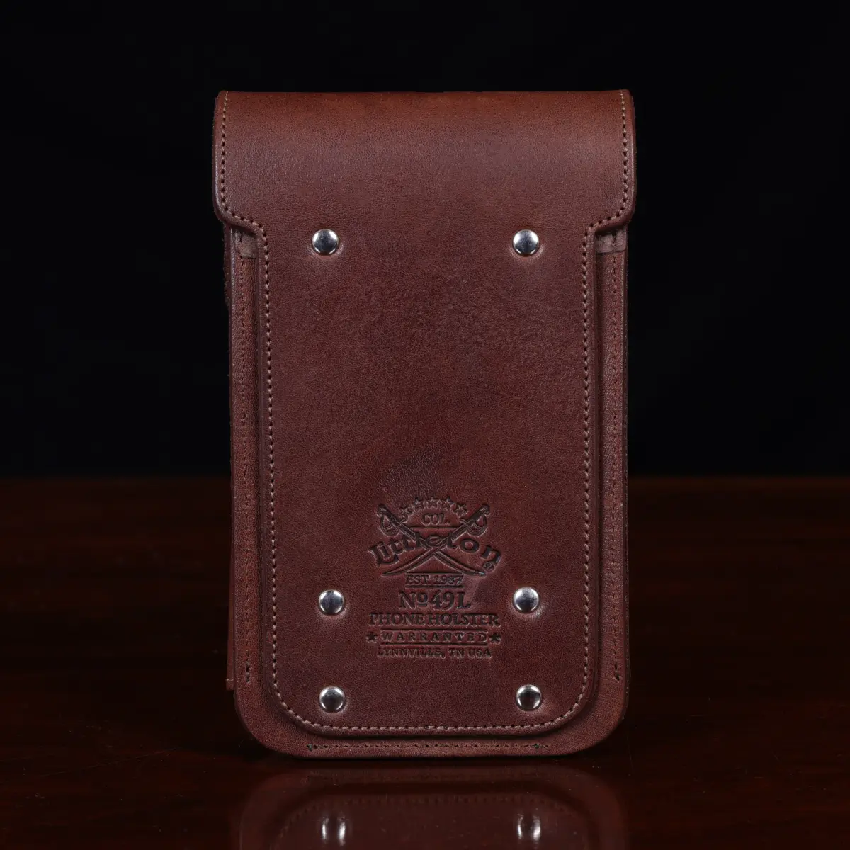 No 49l Phone Holster in vintage brown showing the back side