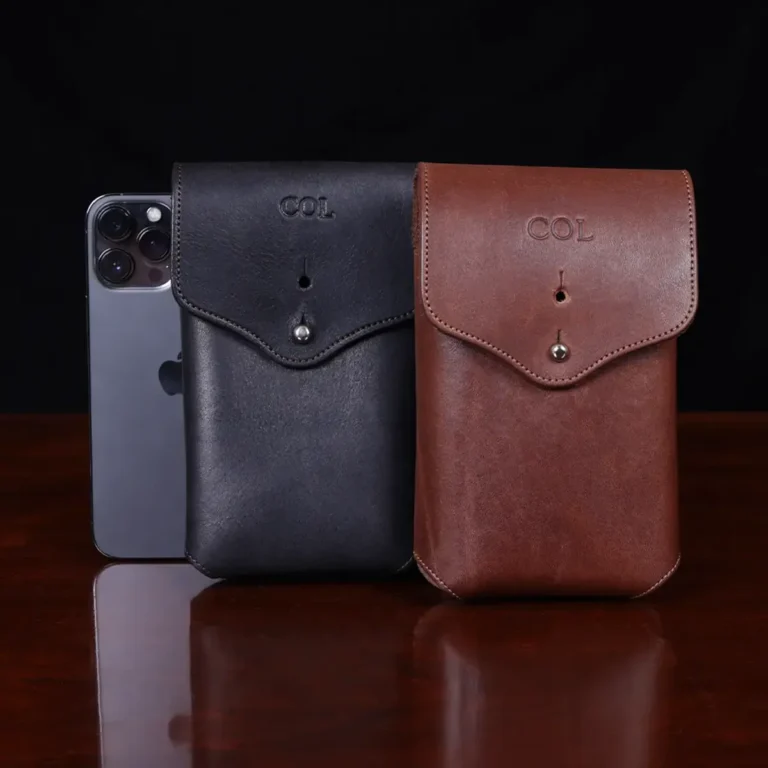 No 49l Phone Holster in vintage brown and black showing both options