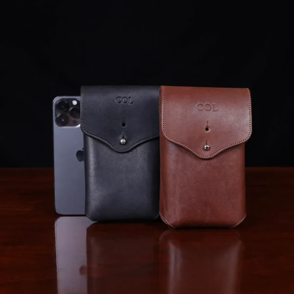 No 49l Phone Holster in vintage brown and black showing both options