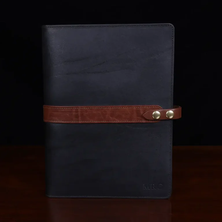 no 18 tablet portfolio in the color black and vintage brown showing the front