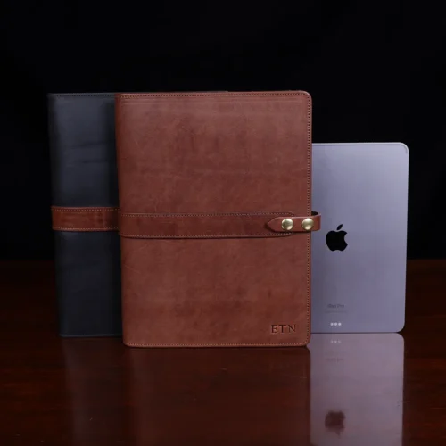 no18 black and brown tablet leather portfolio with ipad