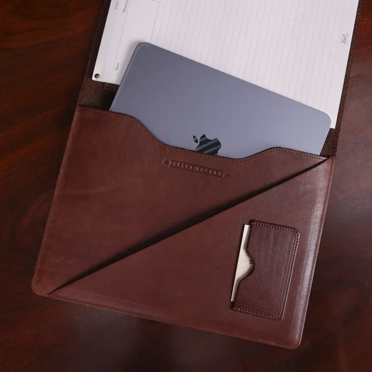 no18 brown tablet leather portfolio open with ipad