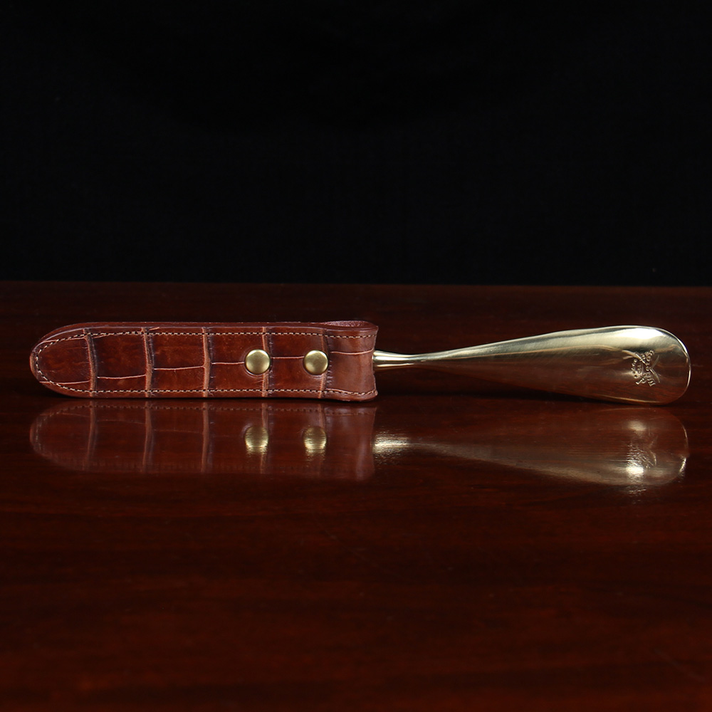 No. 2 Shoehorn in brown American Alligator with brass hardware - back view