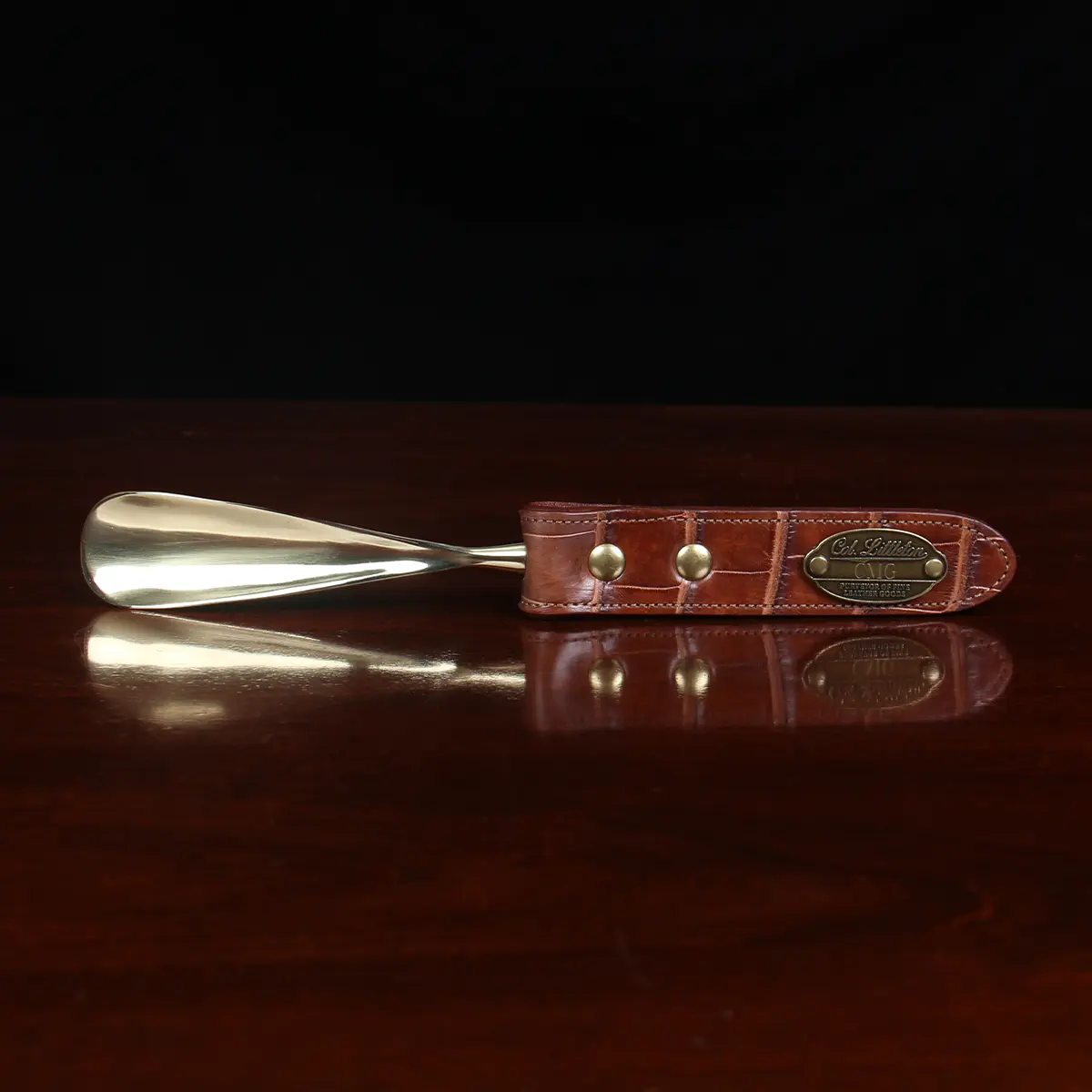 No. 2 Shoehorn in brown American Alligator with brass hardware - front view