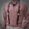 Man in red plaid shirt wearing dark brown american buffalo leather vintage-style suspenders