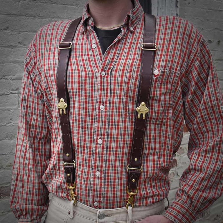 Man in red plaid shirt wearing dark brown american buffalo leather vintage-style suspenders