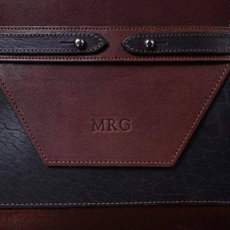 ashley handbag made of two-tone brown buffalo and steerhide leather - front view of initials