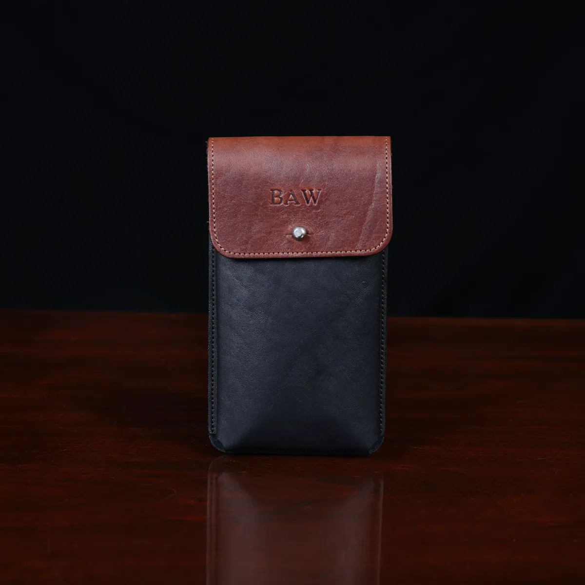 no60 black and brown large leather phone holster - front view