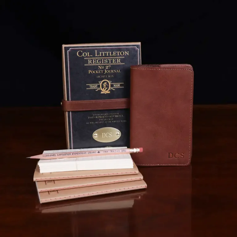 No. 27 Pocket Journal in Vintage Brown American Steerhide Leather - front view with box and cards