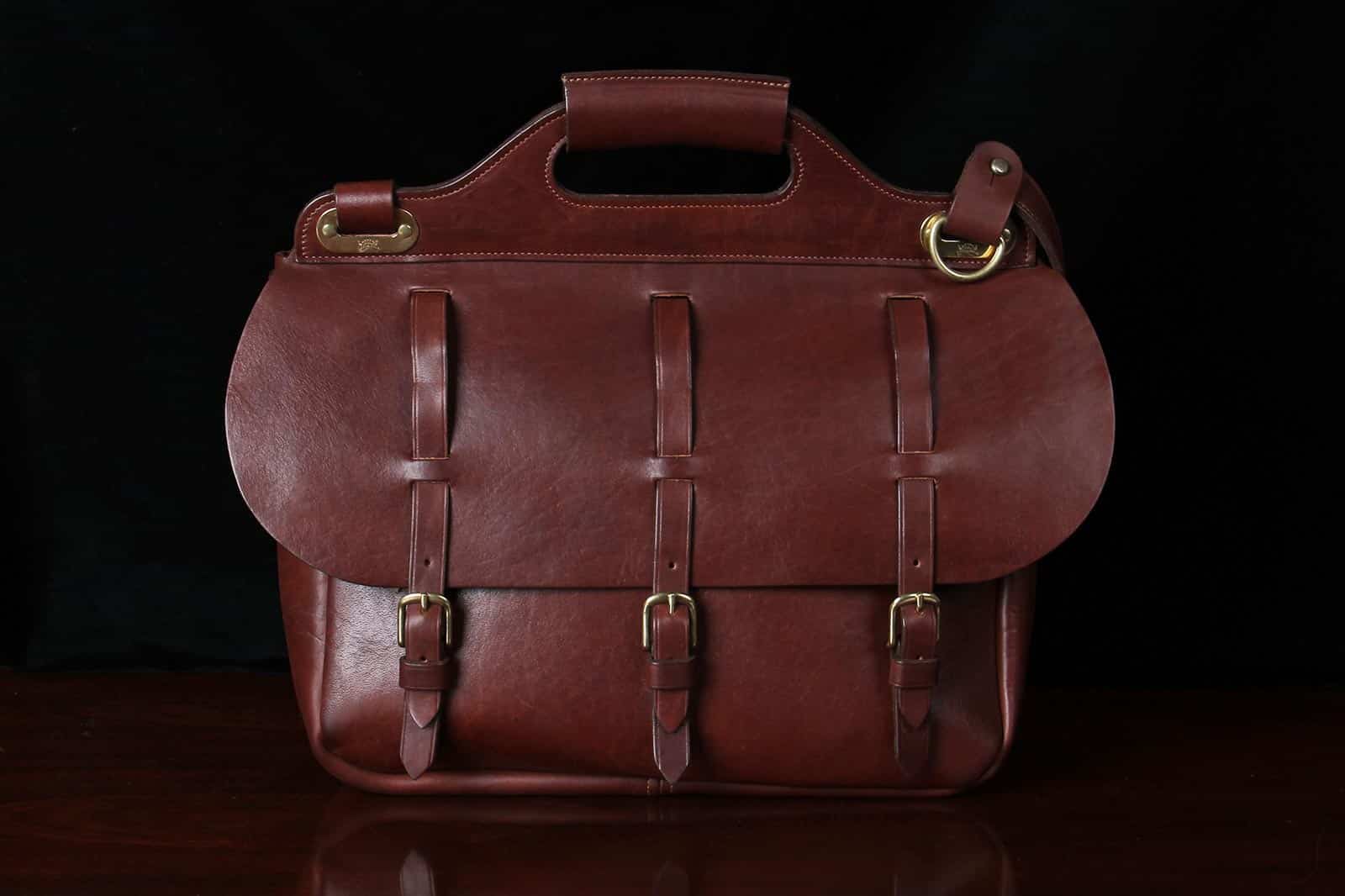 No. 1 Saddlebag Briefcase in Vintage Brown American Steerhide Leather - front view - clean and polished with leather balm