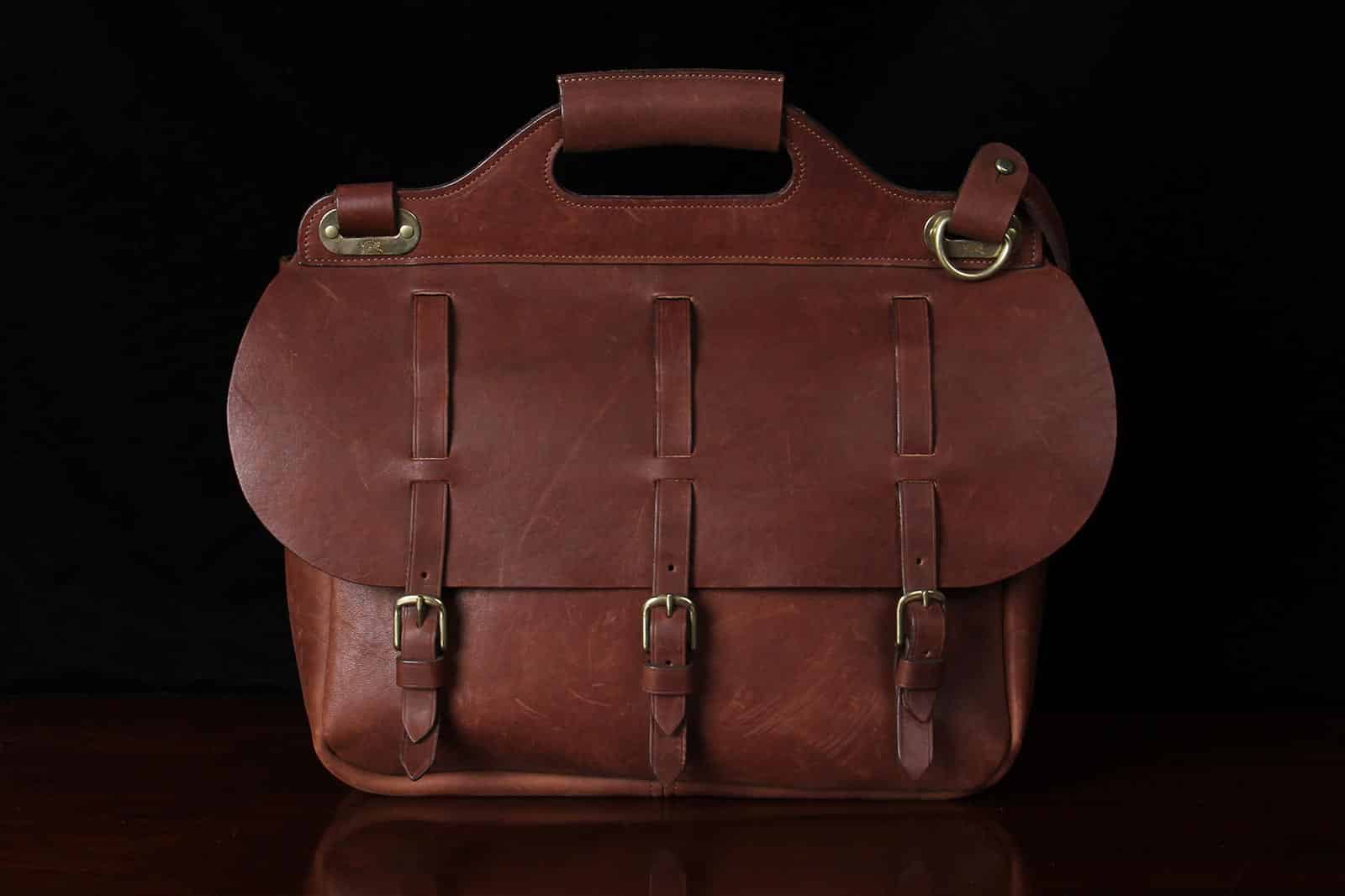 No. 1 Saddlebag Briefcase in Vintage Brown American Steerhide Leather - front view - leather dry and scuffed
