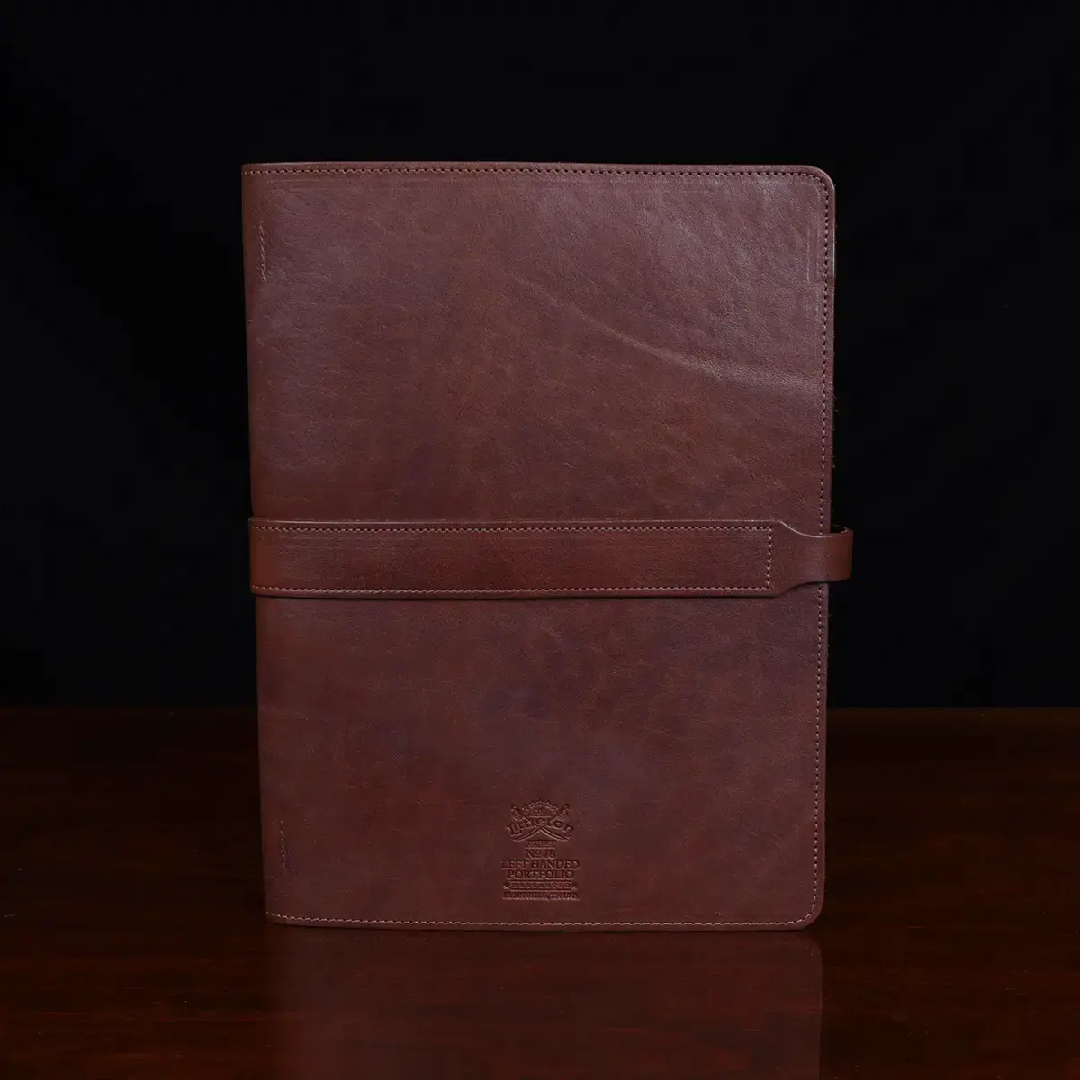 left handed leather portfolio vintage brown back view